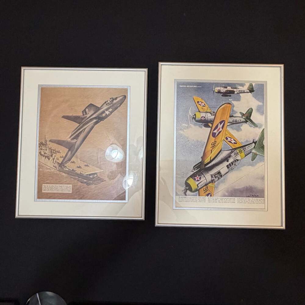 Vintage Framed Naval Aviation Vought Art Prints Set Cutlass Jet & Scout Bomber